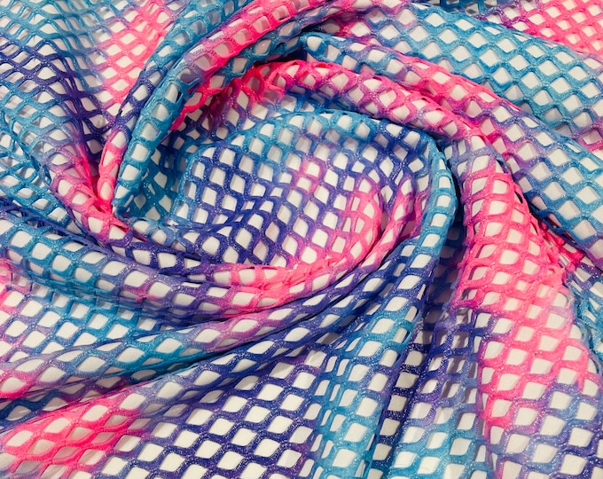 Hot Pink/Lilac 4 Way Stretch Fishnet Diamond Tie Dye W/Silver Glitters 58/60" Wide, Fishnet Tie Dye Diamond, Nylon Spandex Fabric