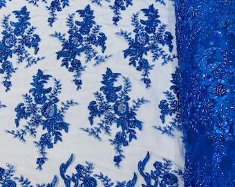 Royal Blue Beaded Flower Fabric: Embroidered Lace Border, By The Yard