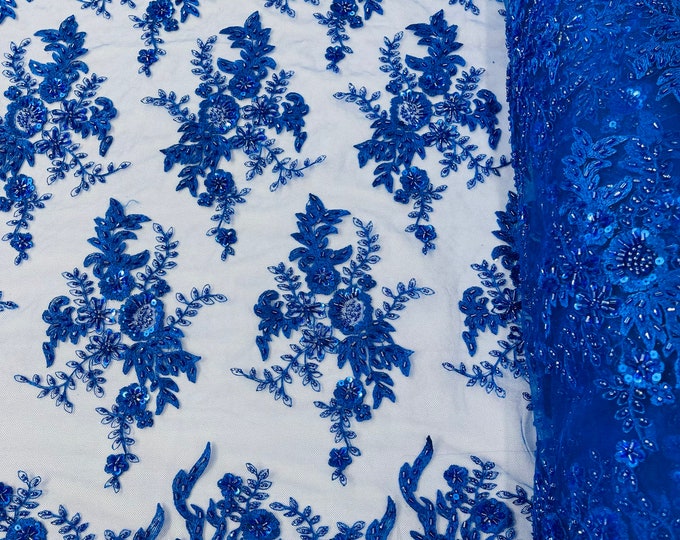Royal Blue Flower Cluster Beaded Fabric | by the yard | Embroidered Beaded Layered Border Fabric, Lace Beaded