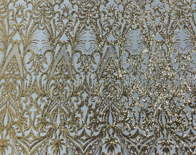 Gold Sequin Fabric - by the yard - Damask Design on a 4 Way Stretch Shine Sequins Fabric Mesh-Prom-Gown