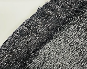 Black Gleam Beaded with Sequins Stretch Mesh Fabric By The Yard | Embroidery Beaded Sequins Fabric on a Mesh Prom,Gown