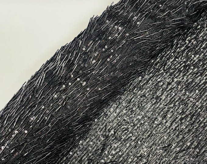 Black Gleam Beaded with Sequins Stretch Mesh Fabric By The Yard | Embroidery Beaded Sequins Fabric on a Mesh Prom,Gown