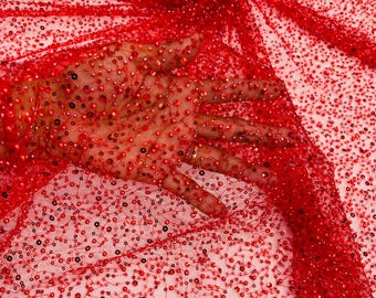 Red Beaded Sequin Mesh Lace Fabric, Rain Design Embroidery By The Yard