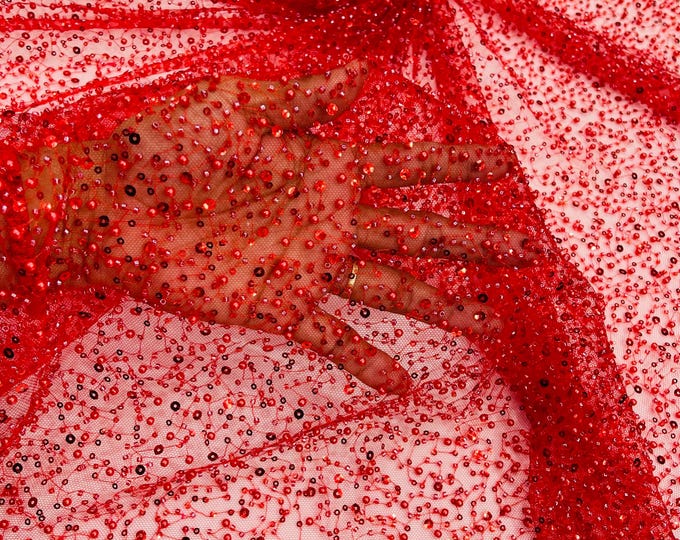 Red Beaded Sequin Mesh Lace Fabric, Rain Design Embroidery By The Yard