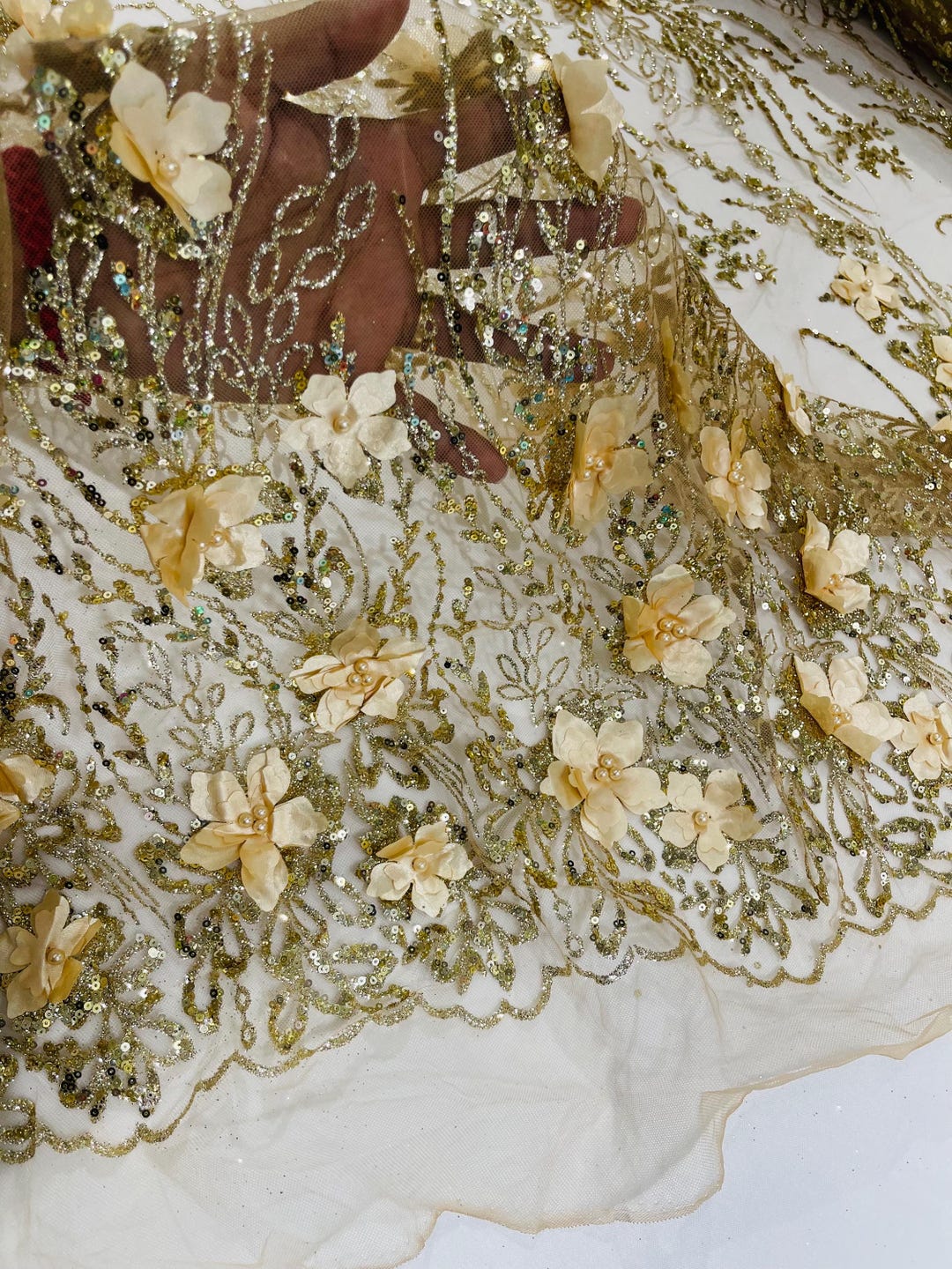 Champagne 3D Flower Glitter Sequin Fabric by the Yard, 3D Floral ...