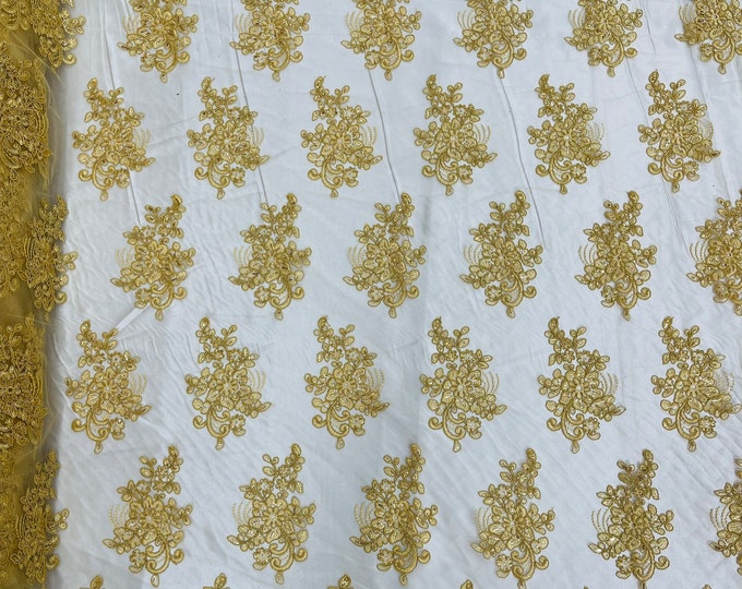 Gold Flowers With Sequins Corded Lace On Mesh Fabric By The Yard Used For -Dress-Bridal-Fashion