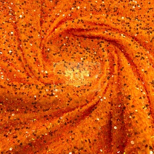 Orange Iridescent Sequin Fabric On Orange Stretch Velvet by the yard (Pick a Size) Costume Craft Fabric - Sequins Velvet Fabric