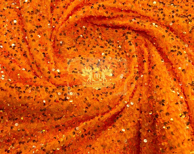 Orange Iridescent Sequin Fabric On Orange Stretch Velvet by the yard (Pick a Size) Costume Craft Fabric - Sequins Velvet Fabric