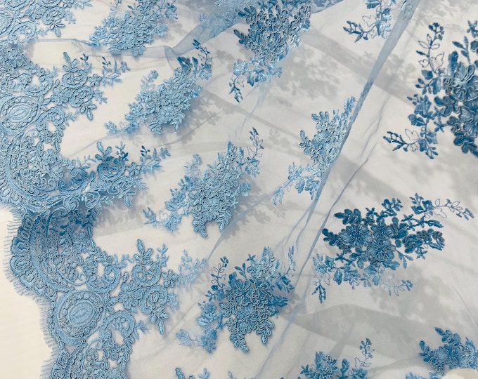 Baby Blue Floral Lace Fabric, Embroidery on a Mesh Lace Fabric By The Yard For Gown, Corded Flower Wedding-Bridal-Dress
