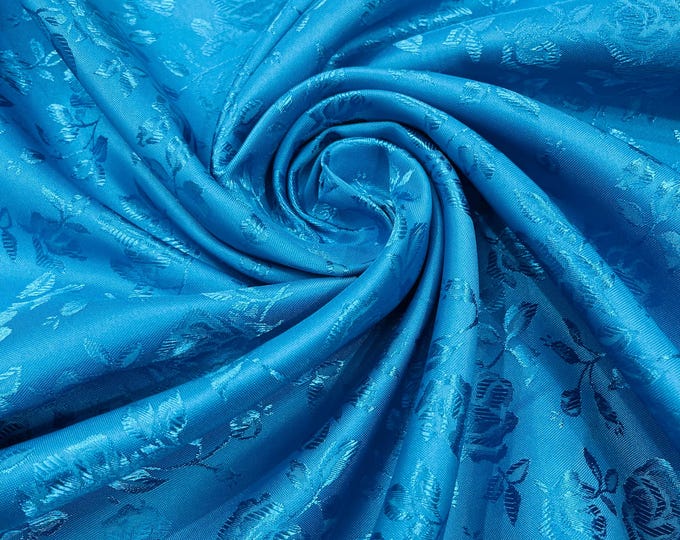 Turquoise Floral Brocade Jacquard Satin Fabric - 58/60" Wide