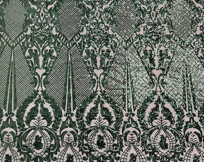 Hunter Green Sequins Fabric on a Mesh, DAMASK Design Embroidered on a Mesh 4 way Stretch Sequin By The Yard ( Choose The Size )