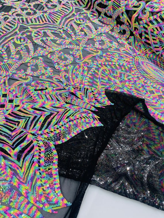 New Exquisite Multicolor Sequins and Black Metallic in Mesh Fabric By Yard