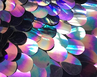 Blue/Purple Iridescent Big Sequins Oval Sequin Paillette, by the yard - Tear Drop Mermaid Jumbo Sequins Fabric On a Mesh (Pick a Size)