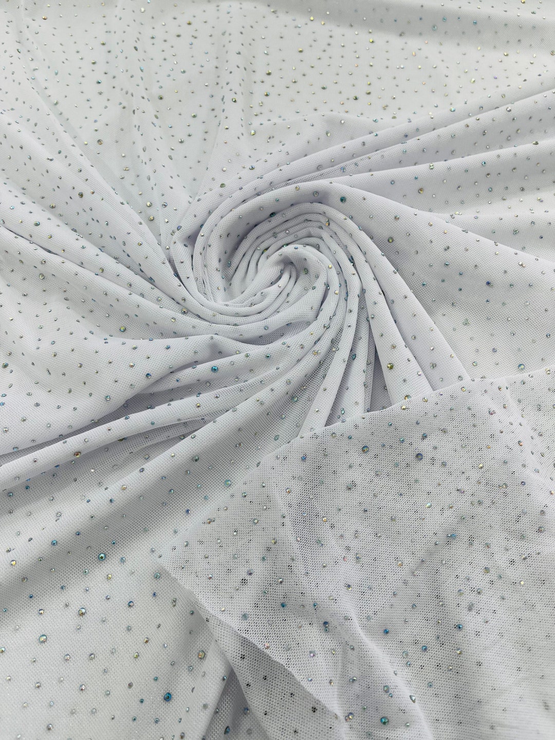 White Rhinestone Mesh White | AB Rhinestones Fabric on White Power Mesh Polyester Spandex ...