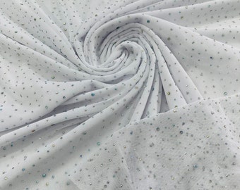 White | AB Rhinestones Fabric On White Power Mesh Polyester Spandex Fabric With Crystal Stones | AB Rhinestones Fabric sold by the yard