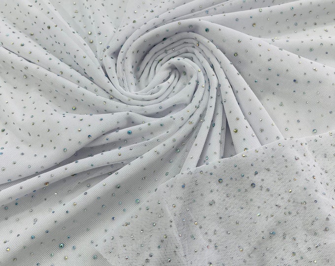 White | AB Rhinestones Fabric On White Power Mesh Polyester Spandex Fabric With Crystal Stones | AB Rhinestones Fabric sold by the yard