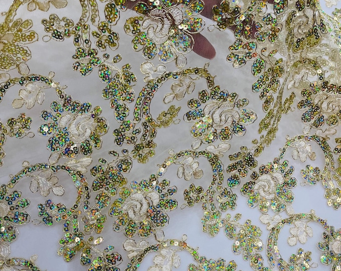 Lt Gold Hologram Metallic Corded Lace Floral by Yard With Metallic Thread Flower Design Embroidered With Sequin on a Mesh Lace Fabric