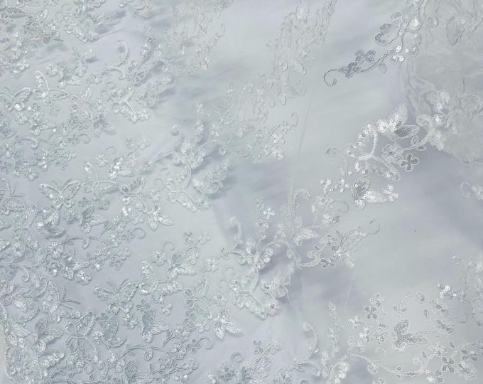 White Sequin Butterfly Lace Fabric: Corded Embroidery with Sequins On a MESH