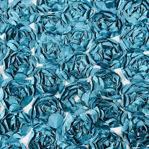 Dk Teal Rosette Fabric 3D Floral Fabric By The Yard, Peony Bouquet Fabric on Mesh, 3D Rosette Satin Fabric Wedding Decor.