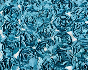 Teal Rosette Fabric: 3D Floral Satin Bouquet on Mesh, Wedding Decor
