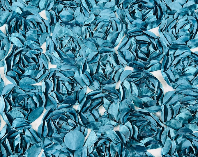 Dk Teal Rosette Fabric 3D Floral Fabric By The Yard, Peony Bouquet Fabric on Mesh, 3D Rosette Satin Fabric Wedding Decor.
