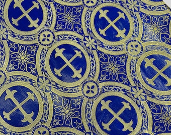 Royal Blue & Gold Cross Brocade Fabric: Liturgical Jacquard Vestment Material