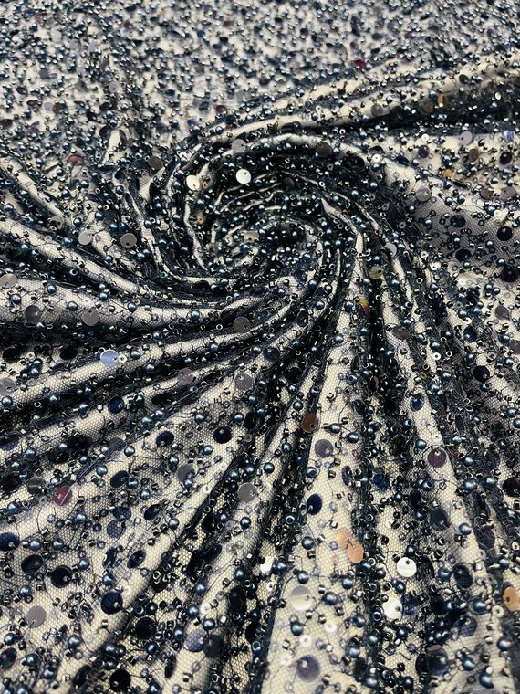 Navy Blue Sequin Pearl Beaded Lace Fabric, by the Yard Wedding
