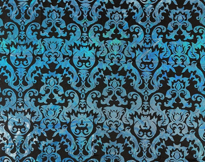 Black Turquoise Metallic Holographic Damask Design With Holographic Print Poly Spandex Fabric 4 way stretch 60” Wide Sold By The Yard
