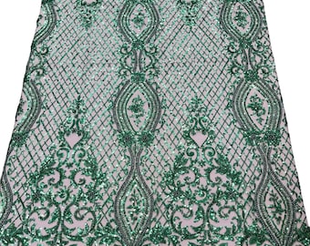 Hunter Green Beaded Damask Fabric: Embroidered Geometric Mesh, Sold By The Yard