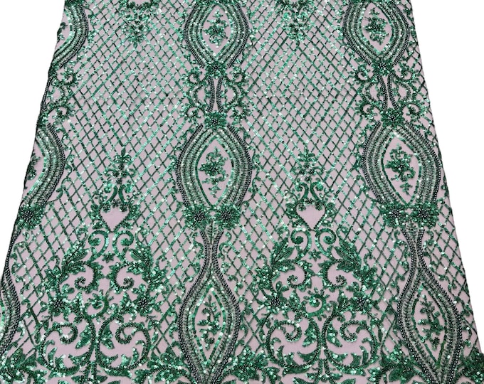 Hunter Green Fashion Design Bead Damask Fabric, Embroidered Geometric Design With Beads and Sequins on a Mesh Sold By The Yard