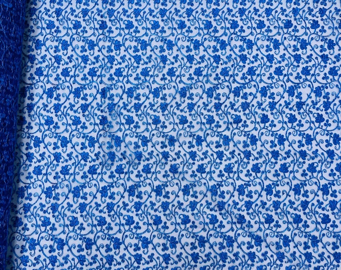 Metallic Royal Blue Corded Lace Fabric by the yard - Flower Design Embroidered on Mesh Lace Fabric Floral, (Pick a Size)