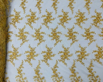Gold Beaded Sequin Lace Fabric, Floral Embroidery on Mesh, Bridal Wedding Gown