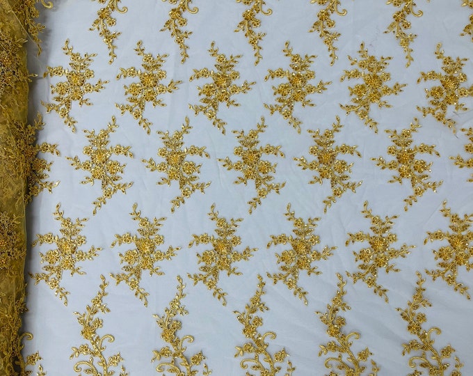 Gold Beaded Sequins Fabric, Embroidery With Beaded Sequin on a Mesh, Floral Bridal Lace Fabric by the yard (Pick a size )