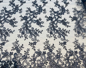 Navy Floral Lace Fabric: Embroidered Sequins Mesh, Bridal Gown Fabric