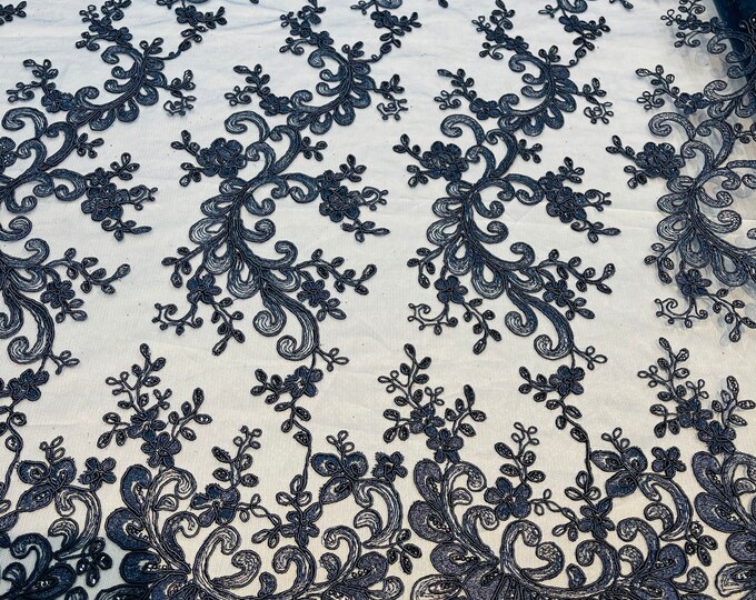 Navy - Floral Lace Fabric, Embroidery With Sequins on a Mesh Lace Fabric By The Yard For Gown, Wedding-Bridal (Choose The Quantity)