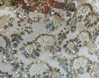 Ivory Floral Sequin Lace Fabric, Hologram Metallic Thread, Scalloped Edge