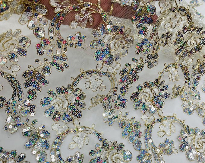 Ivory Silver Hologram Metallic Corded Lace Floral by Yard With Metallic Thread Flower Design Embroidered With Sequin on a Mesh Lace Fabric