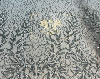 Silver Sequin Fabric: Damask Embroidered Mesh, Prom Gown Lace By The Yard