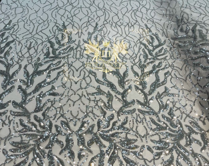 Silver Sequins Fabric, DAMASK Design Embroidered On a Mesh 4 way Stretch Sequin, Lace Fabric, Prom-Gown By The Yard ( Choose The Size )