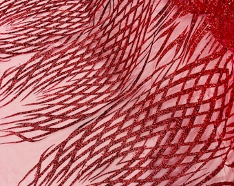 Red Glitter Fabric on a Mesh By The Yard | Glitters Damask Fashion Design, Glitter Sequin on Mesh Fabric, Sparkle Glitter Prom-Dress