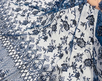 Navy Blue Beaded Sequined Lace Fabric: Embroidered Mesh, Bridal Wedding Dress