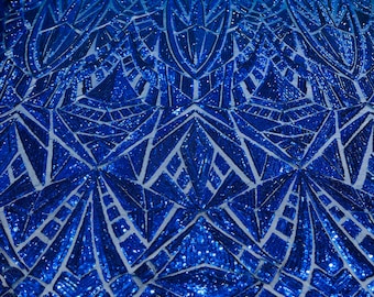 Royal Blue Sequins on Mesh, Geometric Design Embroidered on Mesh 4way Stretch Sequin By Yard