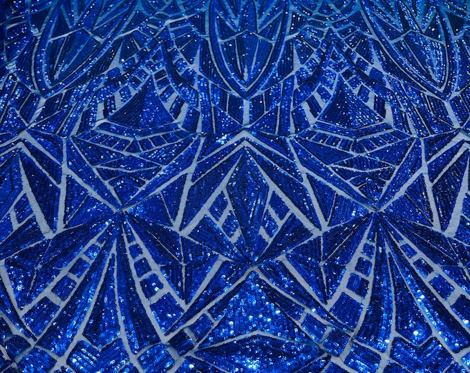 Royal Blue Sequins on Mesh, Geometric Design Embroidered on Mesh 4way Stretch Sequin By Yard