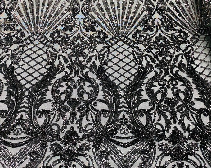 Black Sequin Damask Selena Design on a 4 Way Stretch Sequin Lace Mesh - Prom Gala Gown Fabric By Yard