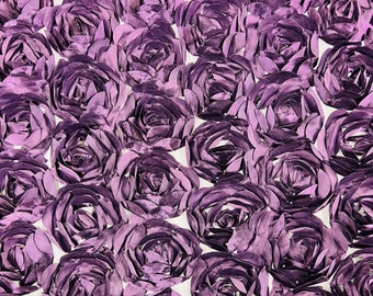 Eggplant Rosette Fabric 3D Floral Fabric By The Yard, Peony Bouquet Fabric on Mesh, 3D Rosette Satin Fabric Wedding Decor.