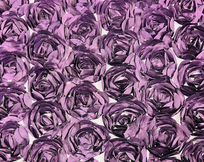 Eggplant Rosette Fabric 3D Floral Fabric By The Yard, Peony Bouquet Fabric on Mesh, 3D Rosette Satin Fabric Wedding Decor.