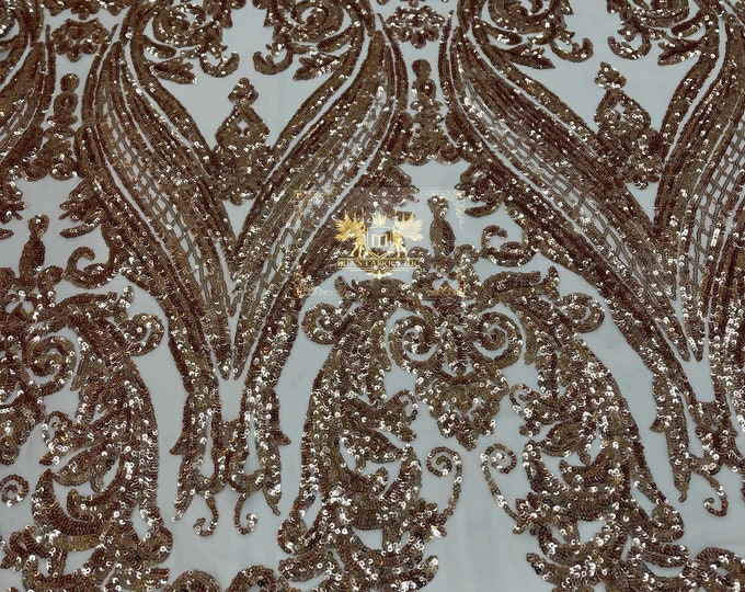Rose Gold Sequin - 4 Way Stretch Fancy Big Damask Design Sequins on Spandex Mesh Prom Gala Gown Fabric By The Yard