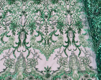 Hunter Green Beaded Damask Fabric: Embroidered Lace Appliqué by the yard