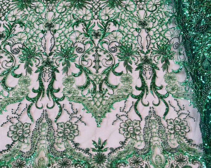 Hunter Green Beaded Fabric by the yard, Bridal Wedding beaded, Damask Pattern With Beads and Sequin, Appliqué lace for bridals,prom dress.