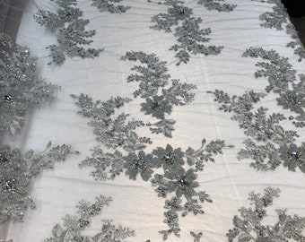 Gray Embroidered Beaded Flower Lace Fabric - Bridal Wedding Fabric